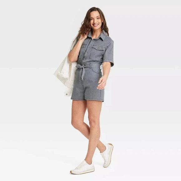 Universal Thread Short Sleeve Blue Stripe Denim Romper size 12 - NEW! - Picture 3 of 9